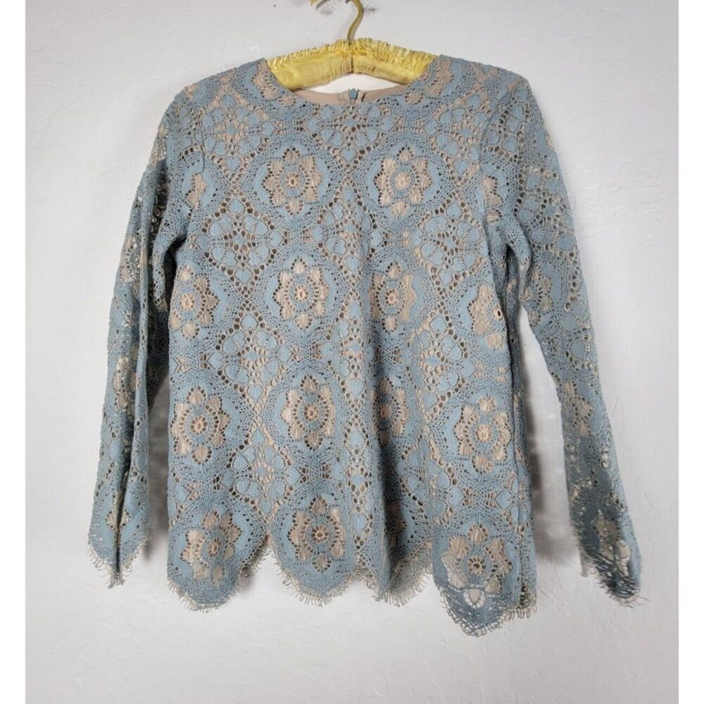 Hallhuber Donna Womens Size 8 / 36 Blue Cream Lace Blouse Top Long Sleeve Lined